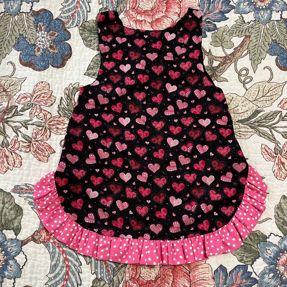 Homemade Toddler Girl’s Black & Pink Heart Print Dress Apron with Pink Ruffle 3T
